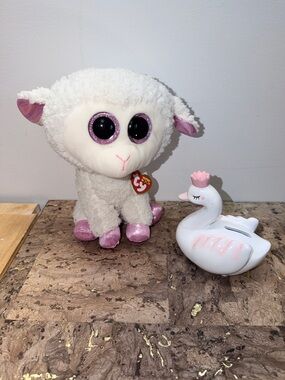 Ty White Plush Lamb with Pink Accents and Hand Painted Ceramic Swan Piggy Bank 🏦